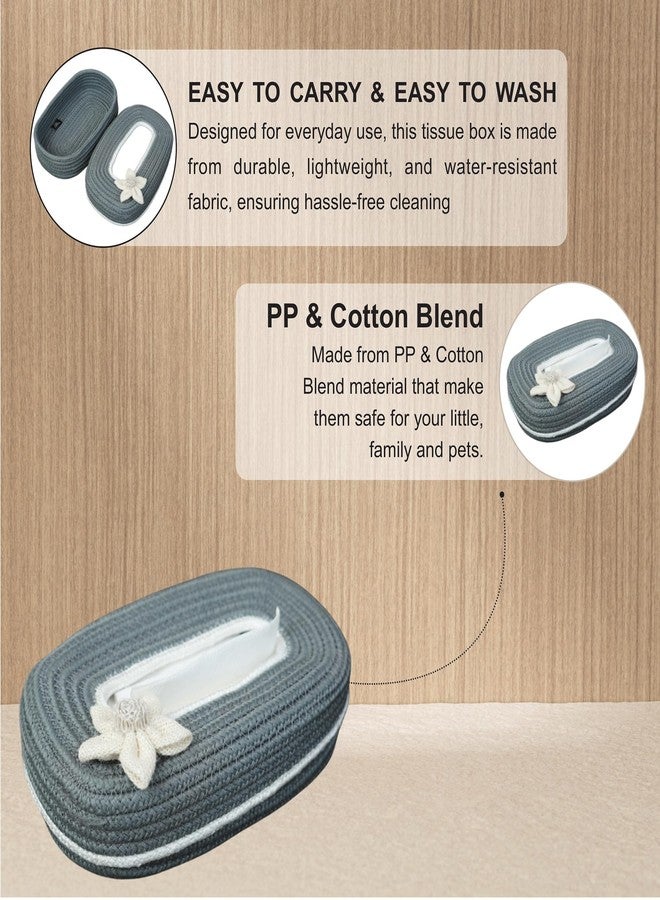 Ariya Cotton Blend Oval Tissue Box Holder | Grey Colour with White Line & Flower | 3 x 11.7 inch | Holds 100 Pulls | Handcrafted for Home, Office, Car & Desk | Dining & Living Room Decor - Image 4